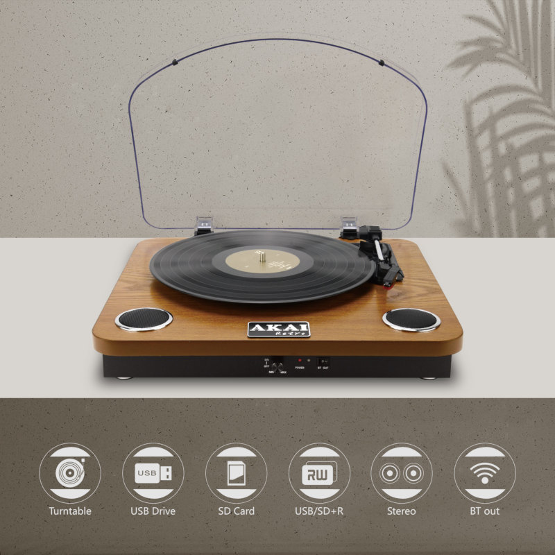 Akai ATT-11BTN Ξύλινο πικάπ με Bluetooth IN / OUT, ενσωματωμένα ηχεία, USB και κάρτα SD για εγγραφή / αναπαραγωγή Akai ATT-11BTN Ξύλινο πικάπ με Bluetooth IN / OUT, ενσωματωμένα ηχεία, USB και κάρτα SD για εγγραφή / αναπαραγωγή